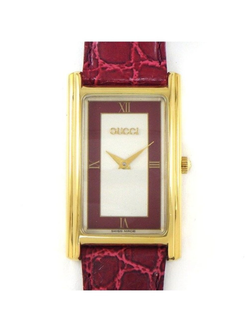 Gucci Watch Vintage Silver Red Dial SS Leather Quartz Analog - Picture 1 of 12